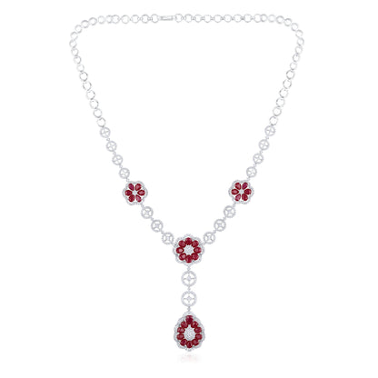 Solid Gold 23.5ct Natural Diamond w/ Ruby Flower Necklace Set