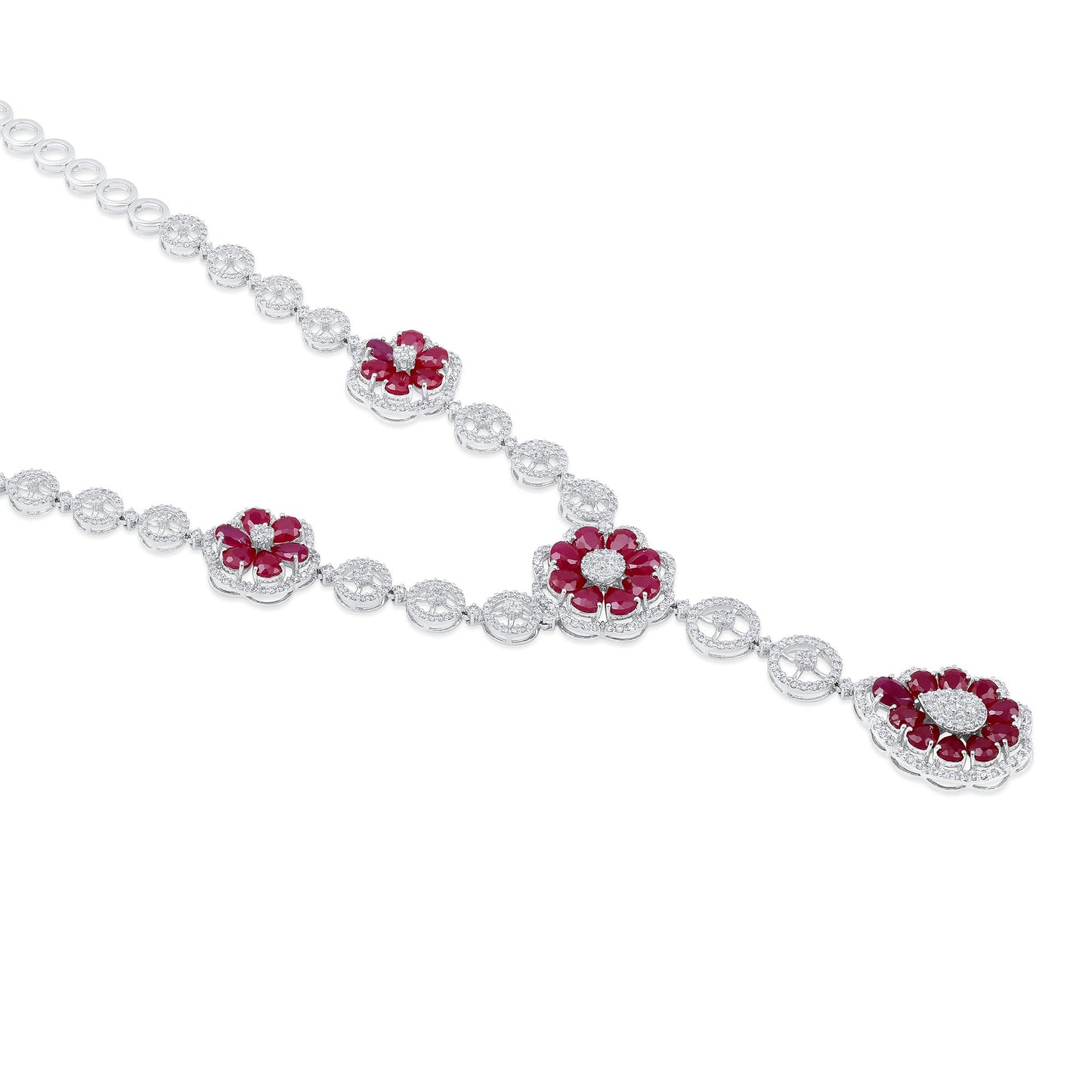 Solid Gold 23.5ct Natural Diamond w/ Ruby Flower Necklace Set