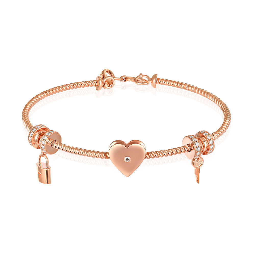 Solid Gold 0.5ct Natural Diamond Heart Lock Key Charm Cuff Bracelet