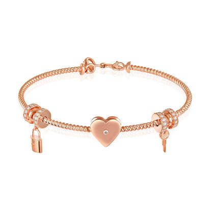 Solid Gold 0.5ct Natural Diamond Heart Lock Key Charm Cuff Bracelet
