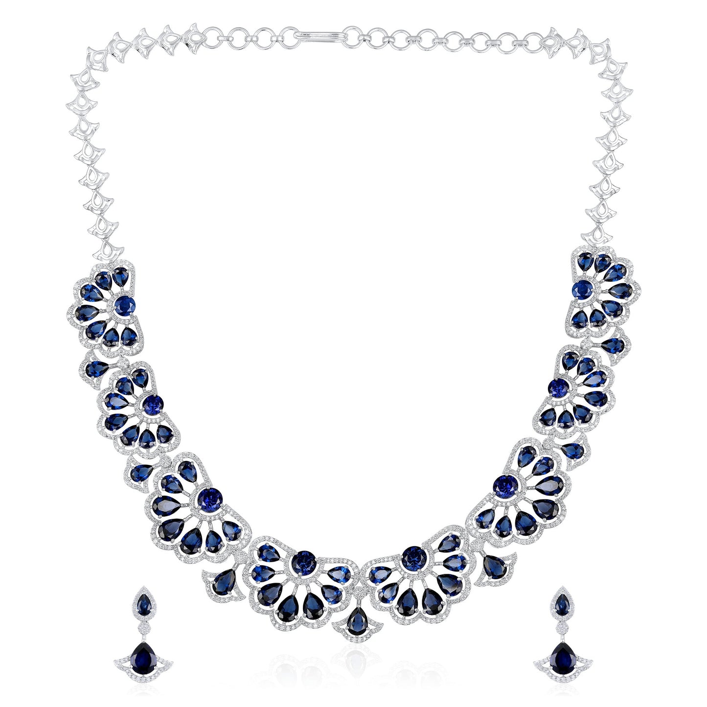 Solid Gold 41.1ct Natural Diamond w/ Sapphire Necklace Earrings Set