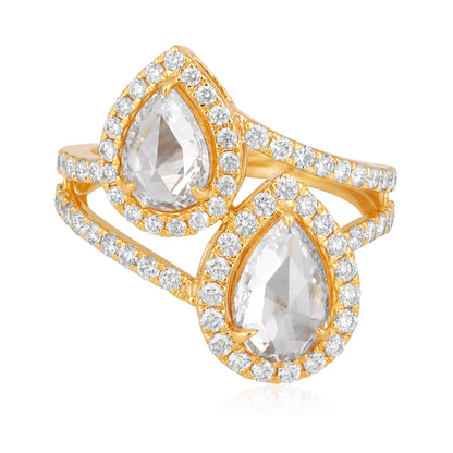 Solid Gold 2.7ct Natural Diamond Rose-Cut 2 Pear Twist Ring