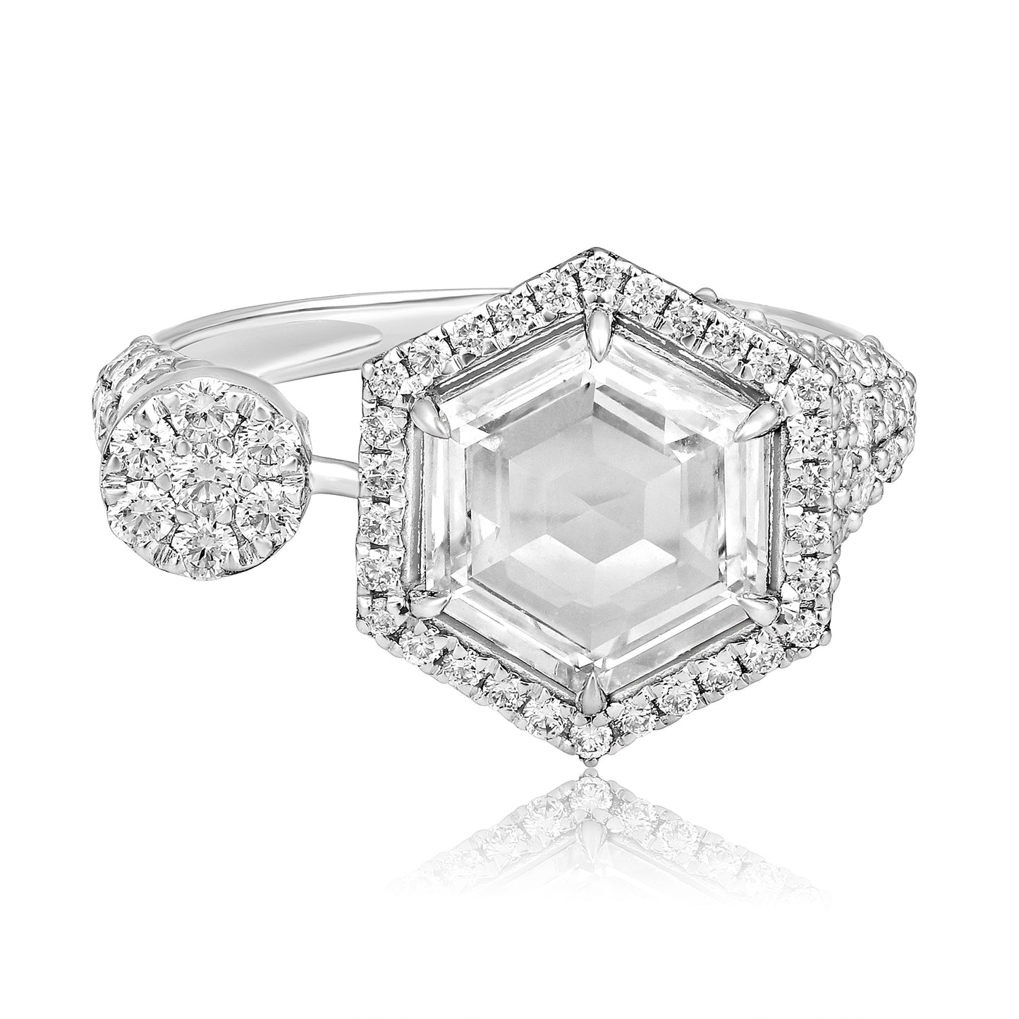 Solid Gold 3ct Natural Diamond Rose-Cut Hexagon Solitaire Halo Ring