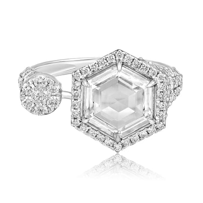 Solid Gold 3ct Natural Diamond Rose-Cut Hexagon Solitaire Halo Ring