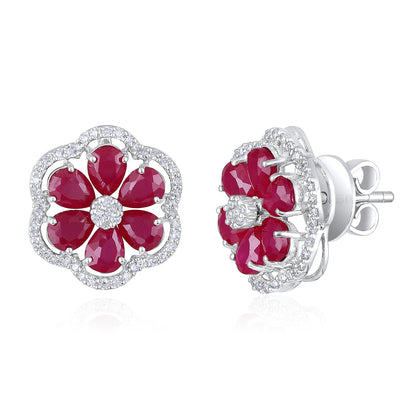 Solid Gold 23.5ct Natural Diamond w/ Ruby Flower Necklace Set