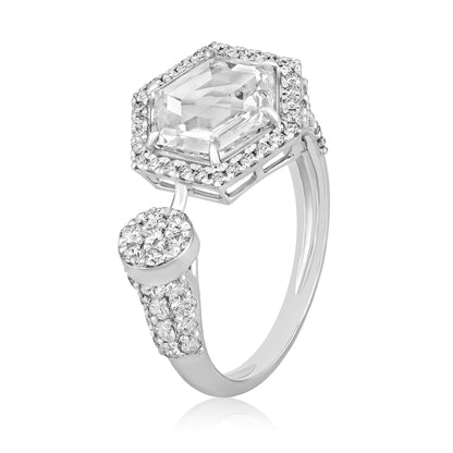 Solid Gold 3ct Natural Diamond Rose-Cut Hexagon Solitaire Halo Ring