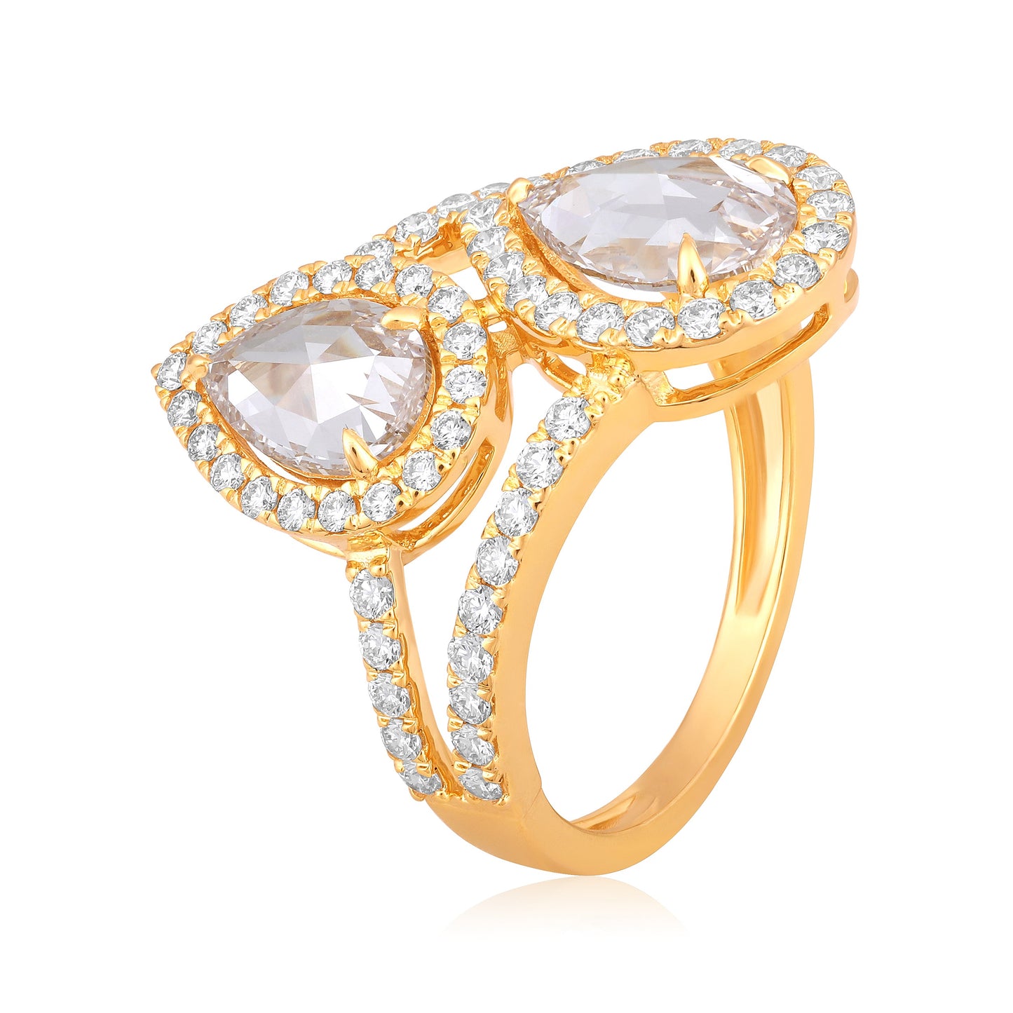 Solid Gold 2.7ct Natural Diamond Rose-Cut 2 Pear Twist Ring