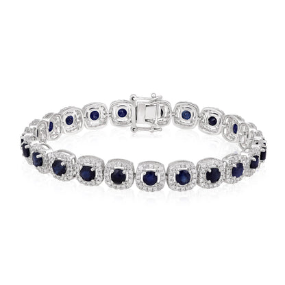 Solid Gold 8.63ct Natural Dark Sapphire w/ Diamond Cushion Halo Bracelet