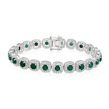 Solid Gold 7.7ct Natural Emerald w/ Diamond Cushion Halo Bracelet