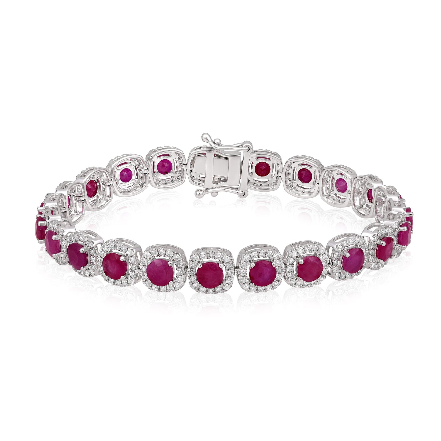 Solid Gold 13.1ct Natural Ruby w/ Diamond Cushion Halo Bracelet