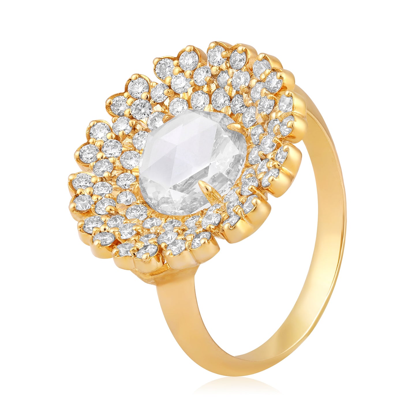 Solid Gold 2.6ct Natural Diamond Rose-Cut Curved Flower Cluster Ring