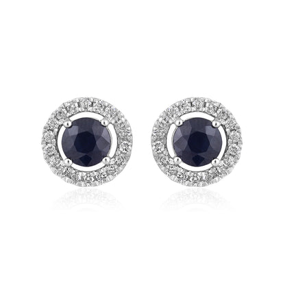 Solid Gold 1.5ct Natural Sapphire w/ Natural Diamond Round Stud Earrings