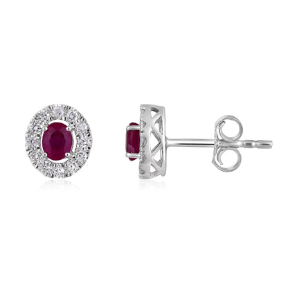 Solid Gold 0.7ct Natural Ruby w/ Natural Diamond Oval Halo Stud Earrings