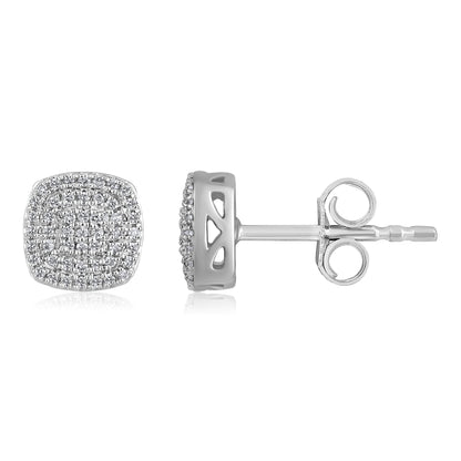 Solid Gold 0.14ct Natural Diamond Cushion Cluster Square Stud Earrings