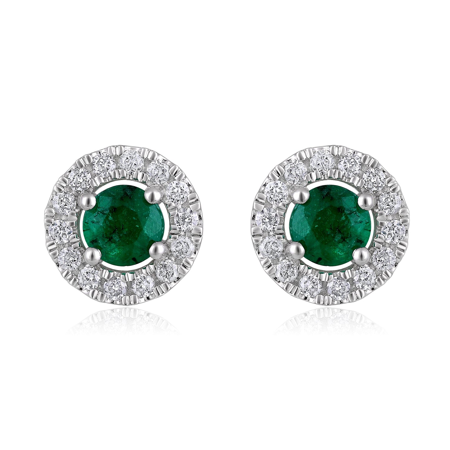 Solid Gold 0.75ct Natural Emerald w/ Natural Diamond Round Stud Earrings