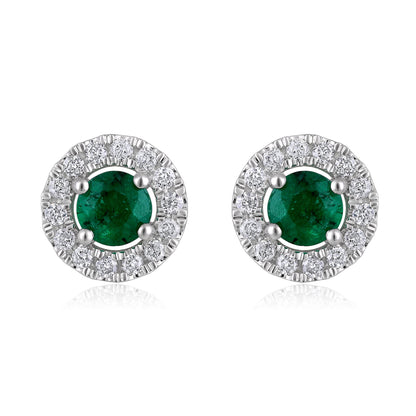 Solid Gold 0.75ct Natural Emerald w/ Natural Diamond Round Stud Earrings
