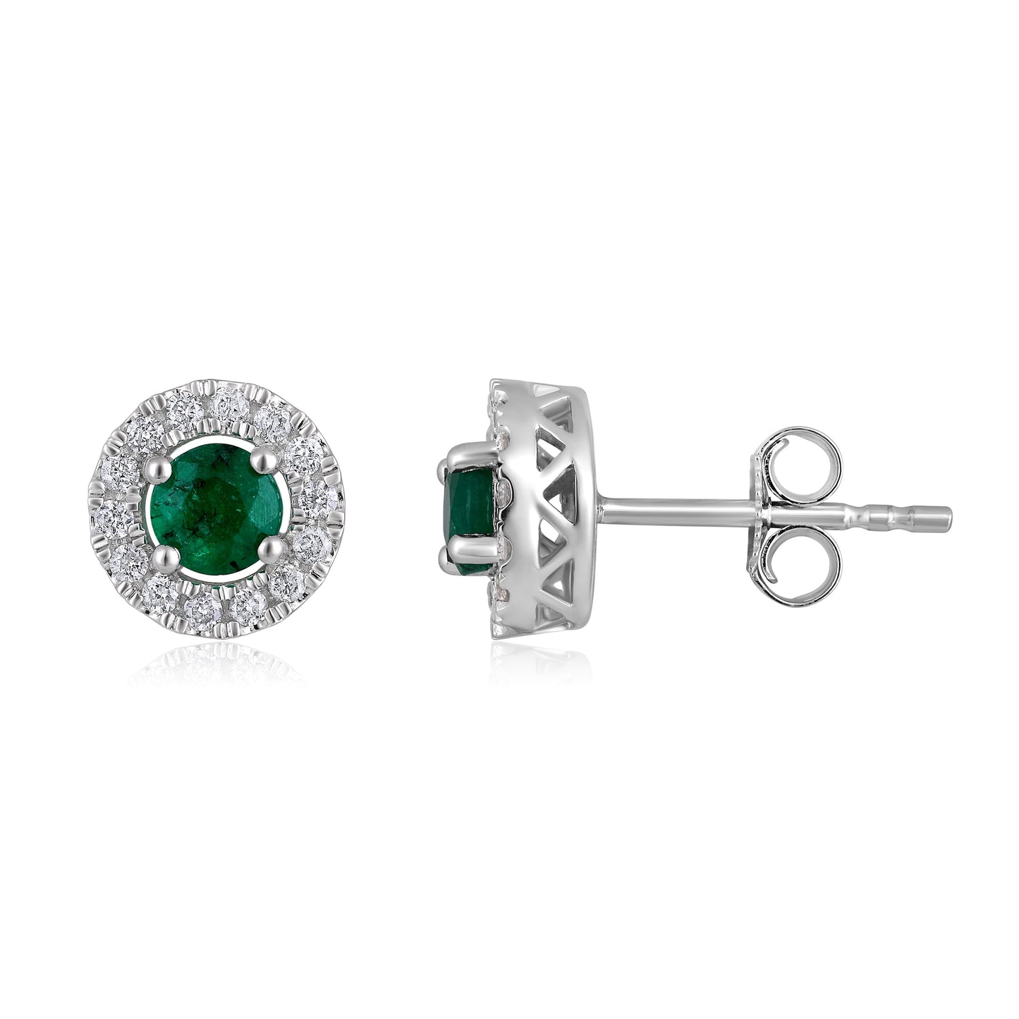Solid Gold 0.75ct Natural Emerald w/ Natural Diamond Round Stud Earrings