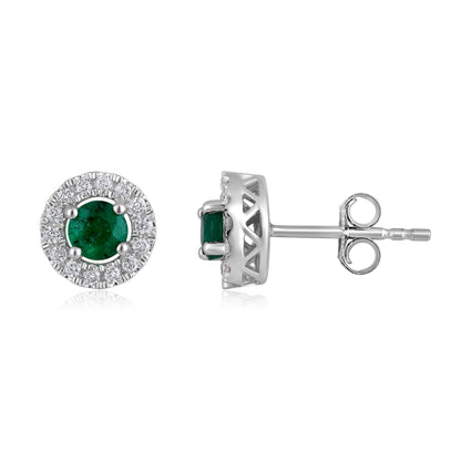 Solid Gold 0.75ct Natural Emerald w/ Natural Diamond Round Stud Earrings
