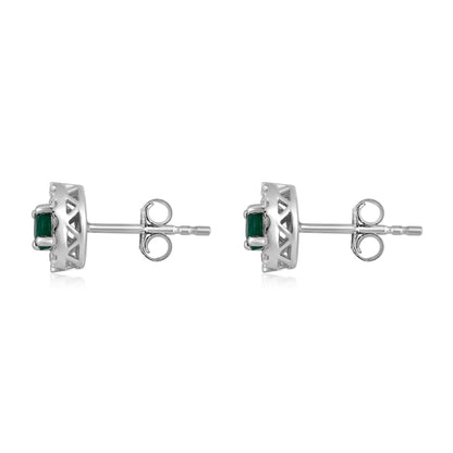 Solid Gold 0.75ct Natural Emerald w/ Natural Diamond Round Stud Earrings
