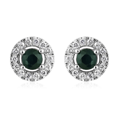 Solid Gold 0.72ct Natural Dark Sapphire w/ Natural Diamond Stud Earrings