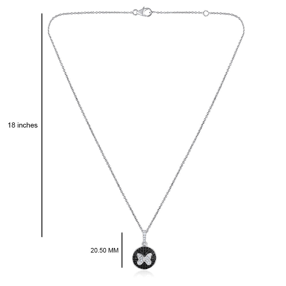 Solid Gold Natural Diamond w/ Black CZ Round Butterfly Necklace