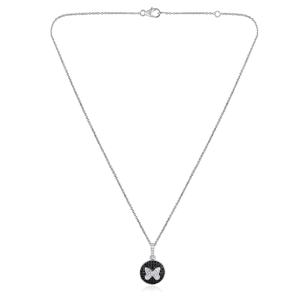 Solid Gold Natural Diamond w/ Black CZ Round Butterfly Necklace