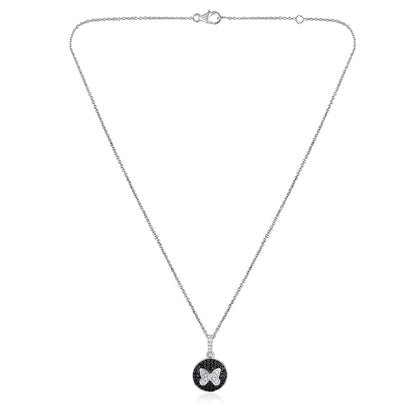 Solid Gold Natural Diamond w/ Black CZ Round Butterfly Necklace