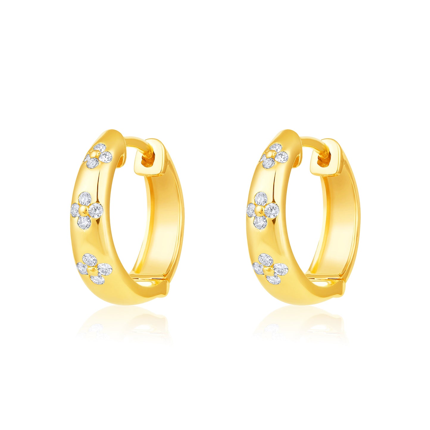 Solid Gold 0.2ct Natural Diamond Quad Bezel Dome Huggie Earrings