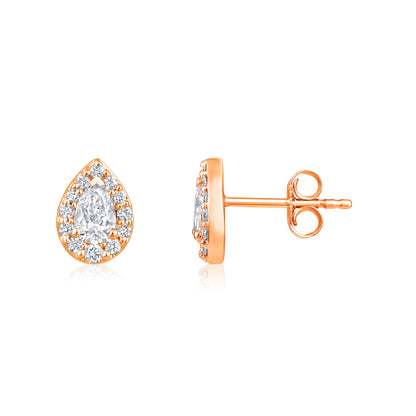 Solid Gold 0.74ct Natural Diamond Pear Halo Tear Drop Stud  Earrings