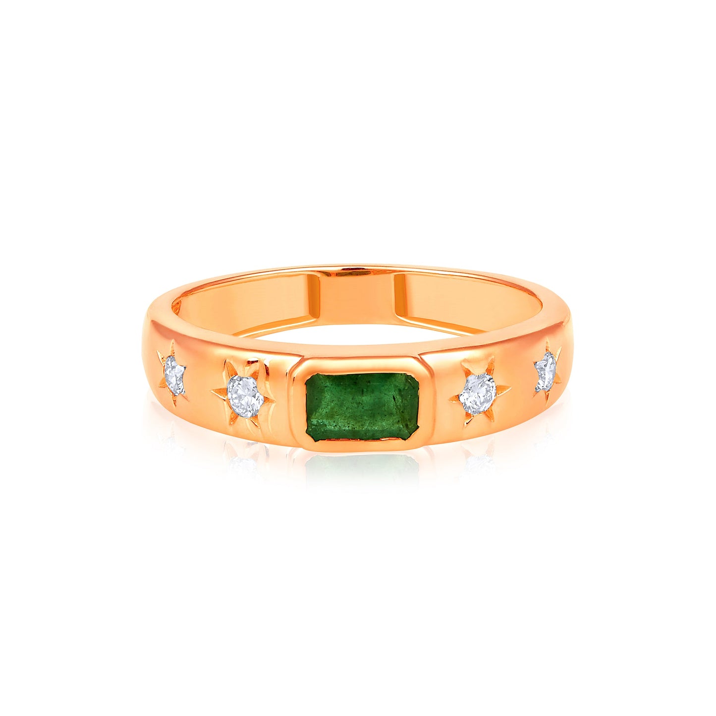 Solid Gold 0.3ct Natural Diamond w/ Emerald Stone Star Band Ring
