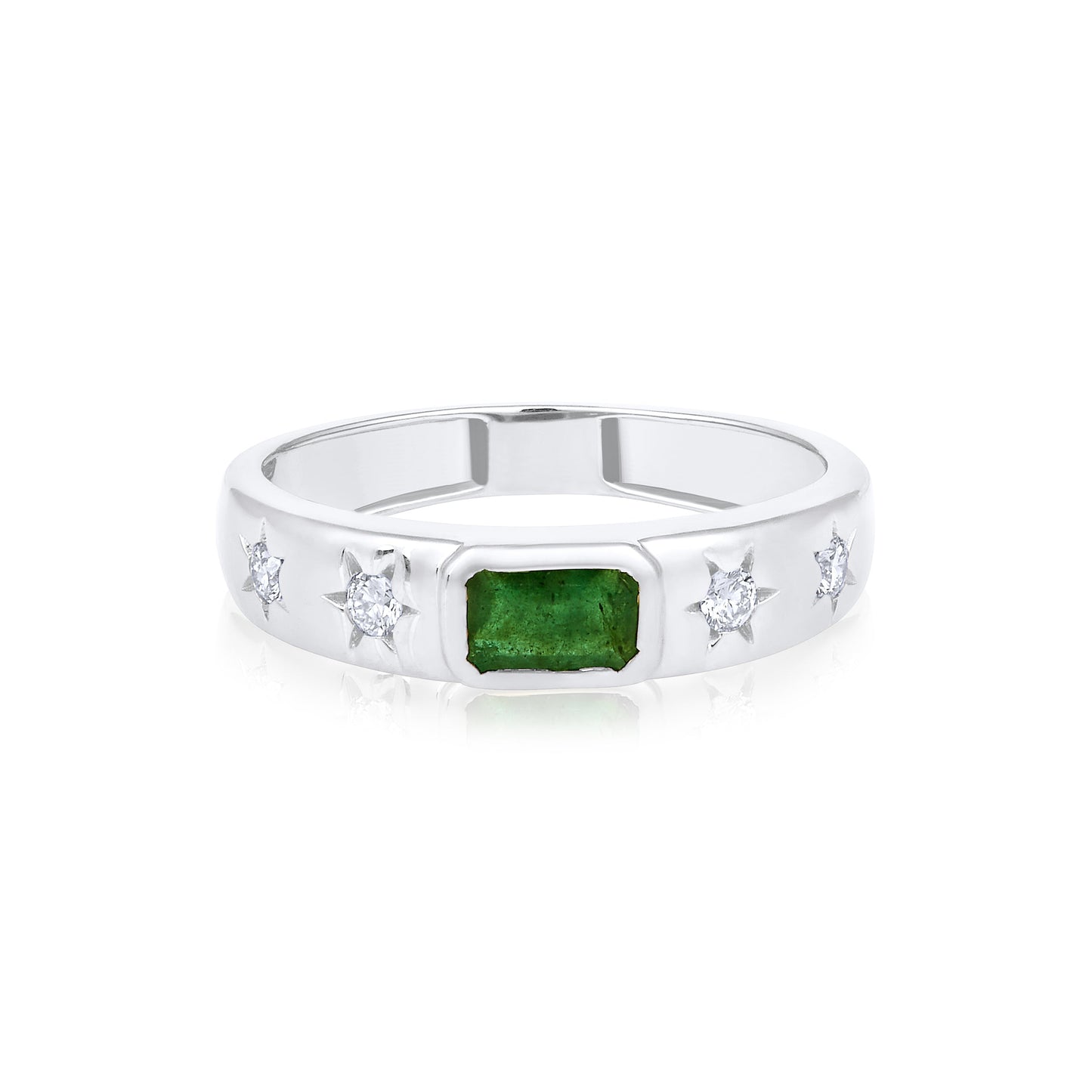 Solid Gold 0.3ct Natural Diamond w/ Emerald Stone Star Band Ring