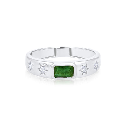 Solid Gold 0.3ct Natural Diamond w/ Emerald Stone Star Band Ring