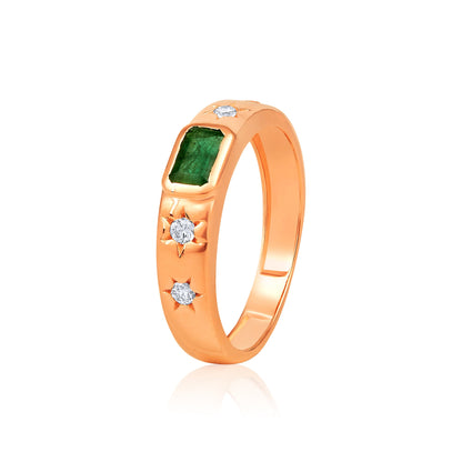 Solid Gold 0.3ct Natural Diamond w/ Emerald Stone Star Band Ring