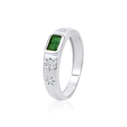 Solid Gold 0.3ct Natural Diamond w/ Emerald Stone Star Band Ring