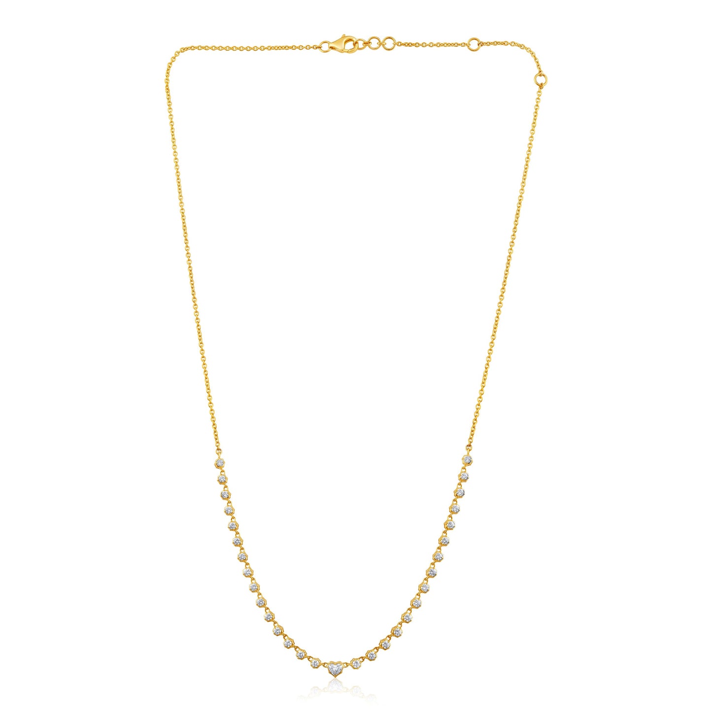 Solid Gold 2ct Natural Diamond Heart Spike Bezel Tennis Necklace