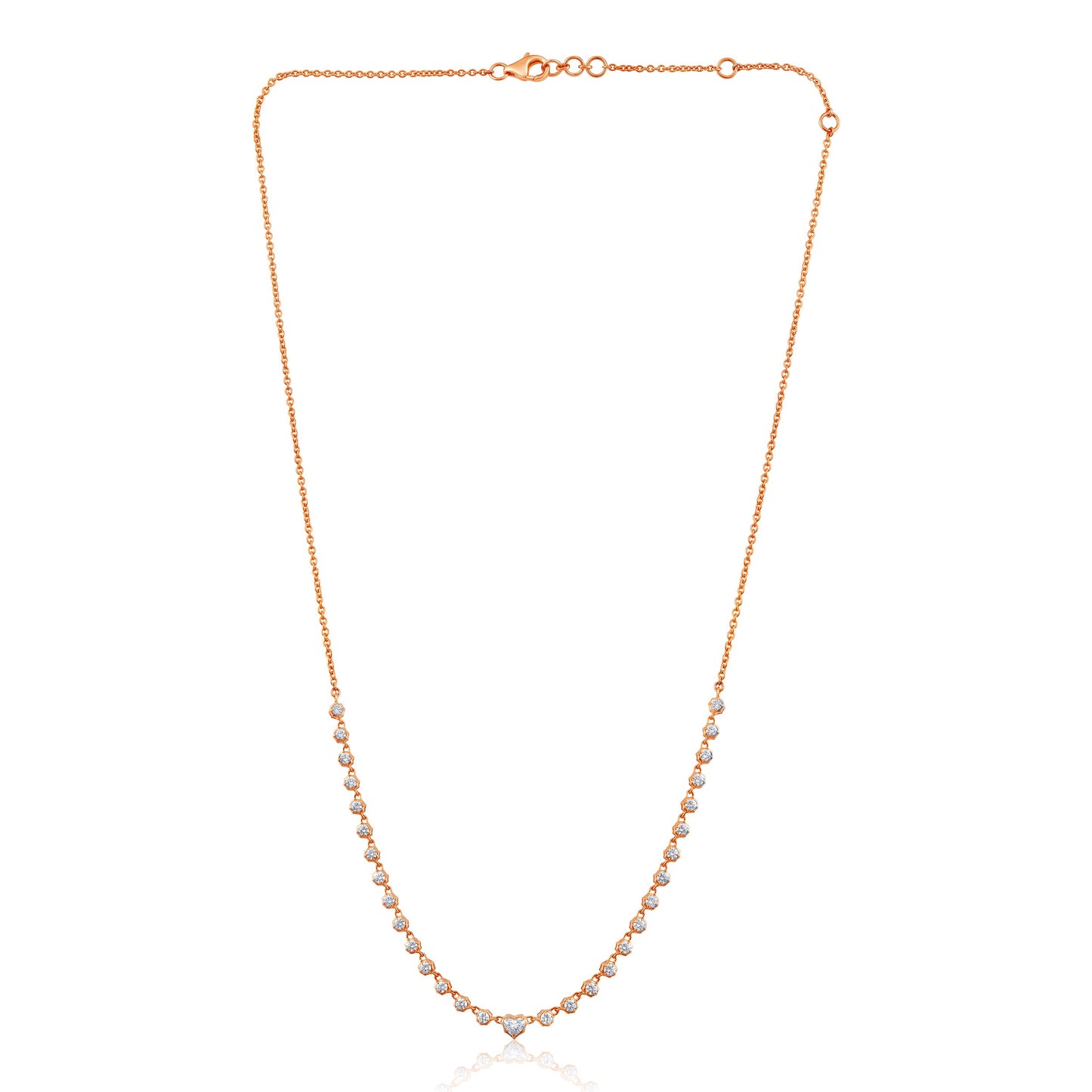 Solid Gold 2ct Natural Diamond Heart Spike Bezel Tennis Necklace