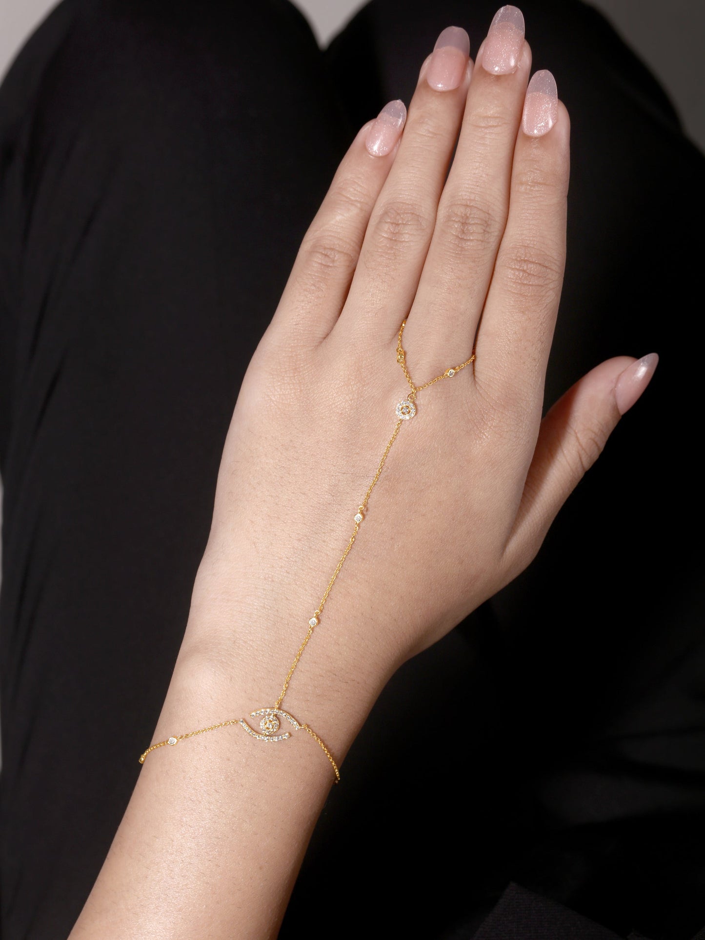 Solid Gold 0.3ct Natural Diamond Evil Eye By Yard Ring Bracelet Hand Chain