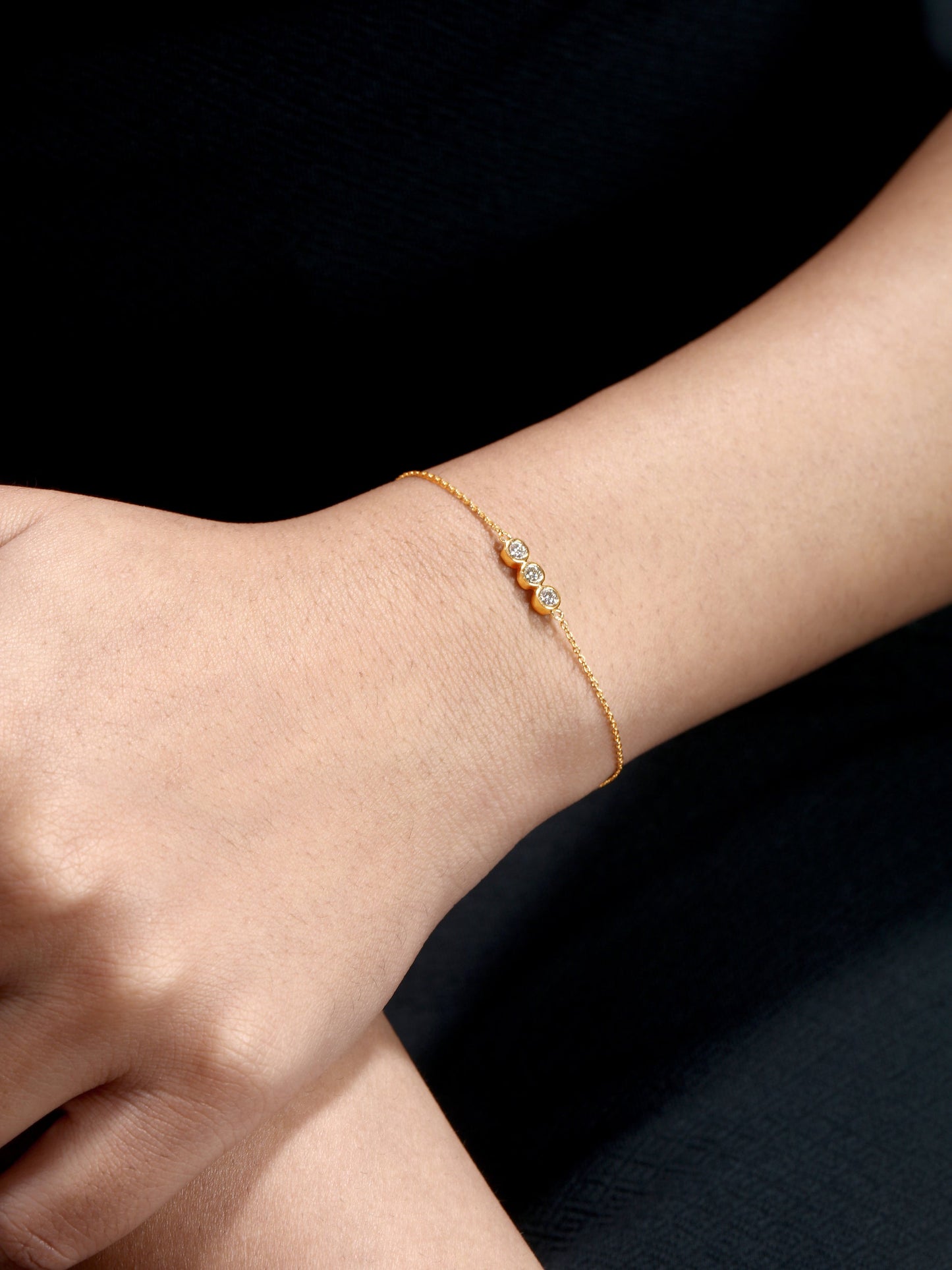 Solid Gold 0.2ct Natural Diamond Bead Bezel Trio Chain Bracelet