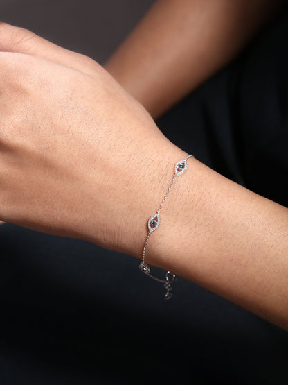 Solid Gold 0.3ct Natural Diamond w/ Blue Evil Eye Chain By Yard Bracelet