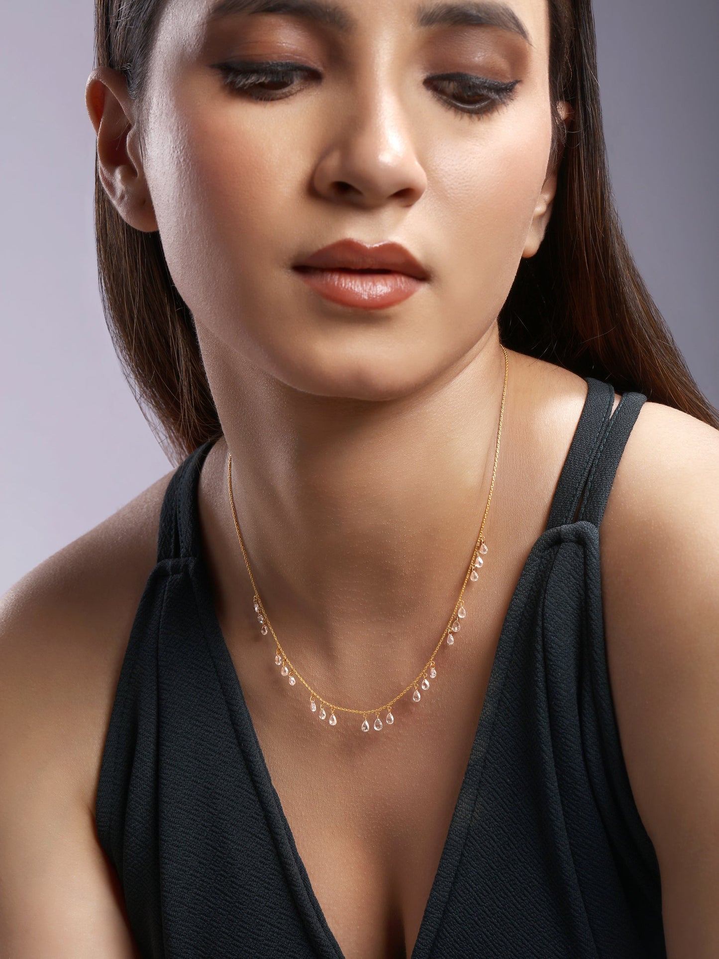 Solid Gold 1.5ct Natural Diamond Rose Cut Dangle Drop Station Necklace