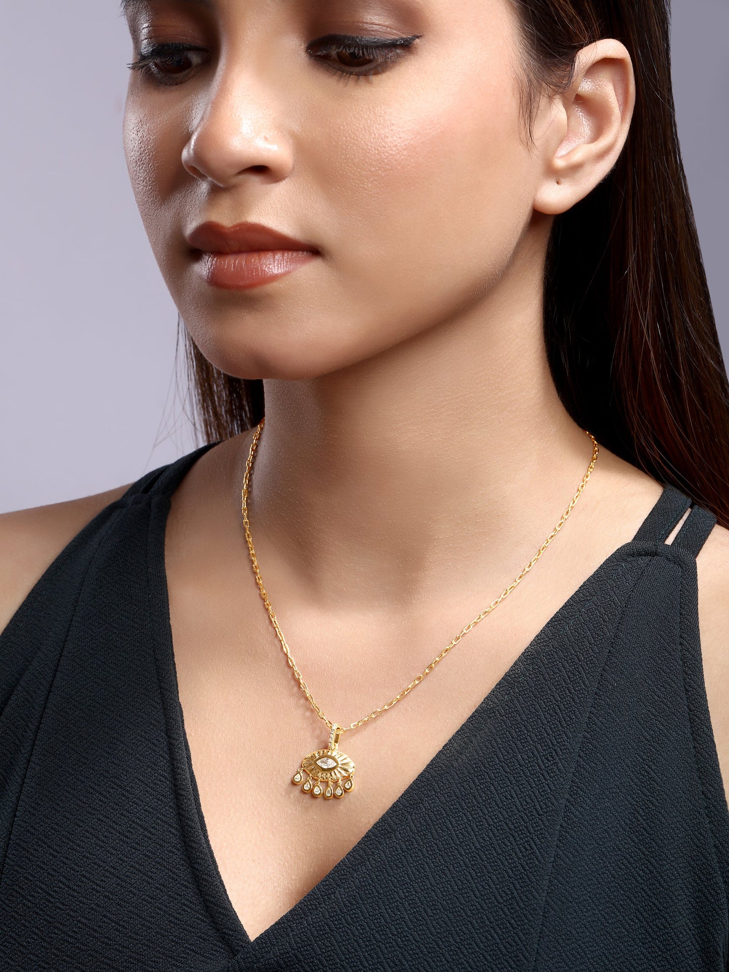 Solid Gold 0.7ct Natural Diamond Marquise Evil Eye Dangle Drop Necklace