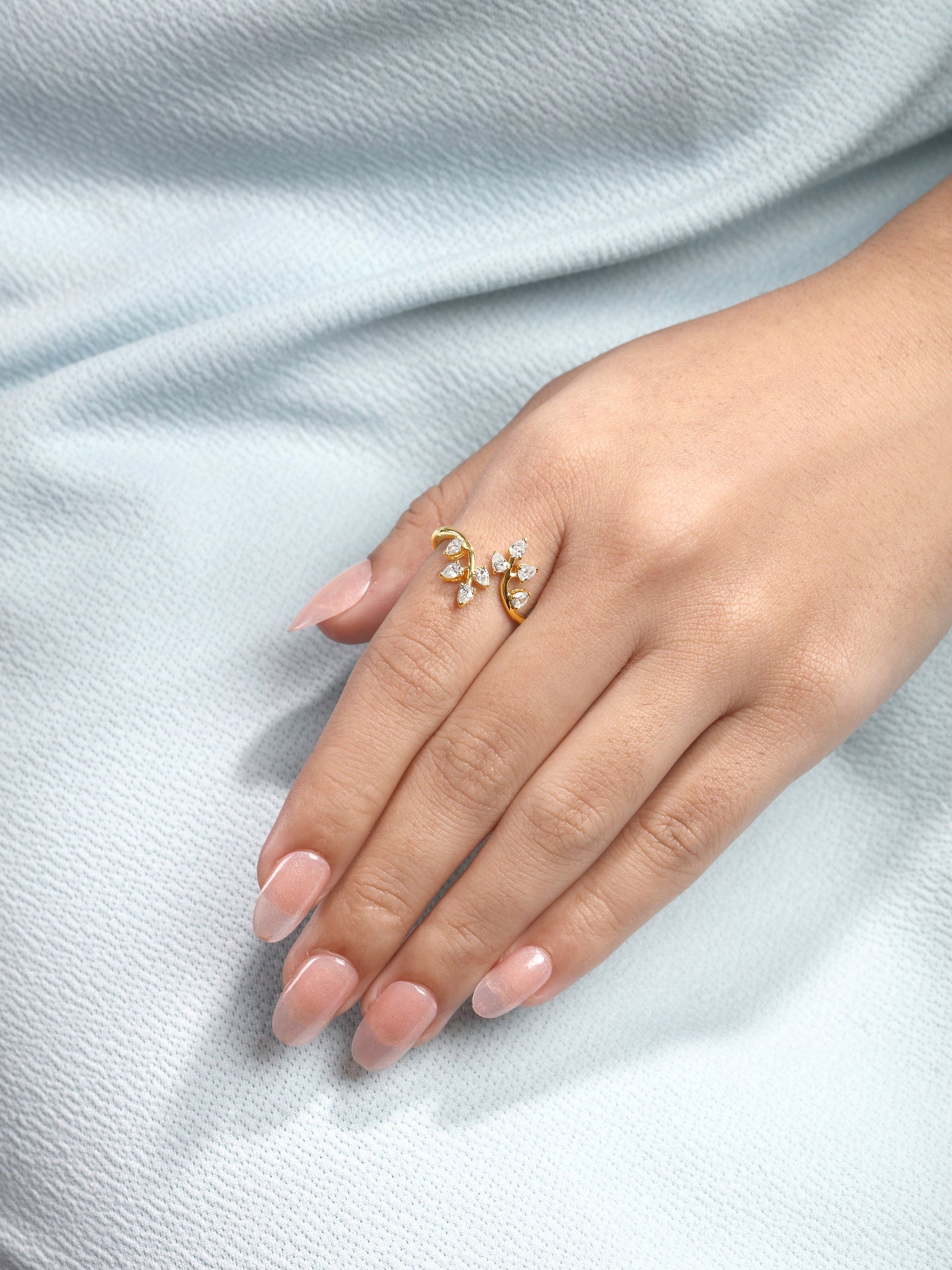 Solid Gold 0.5ct Natural Diamond Leaf Branch Pear Wrap Ring