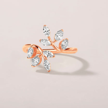 Solid Gold 1ct Natural Diamond Leaf Branch Marquise Wrap Ring
