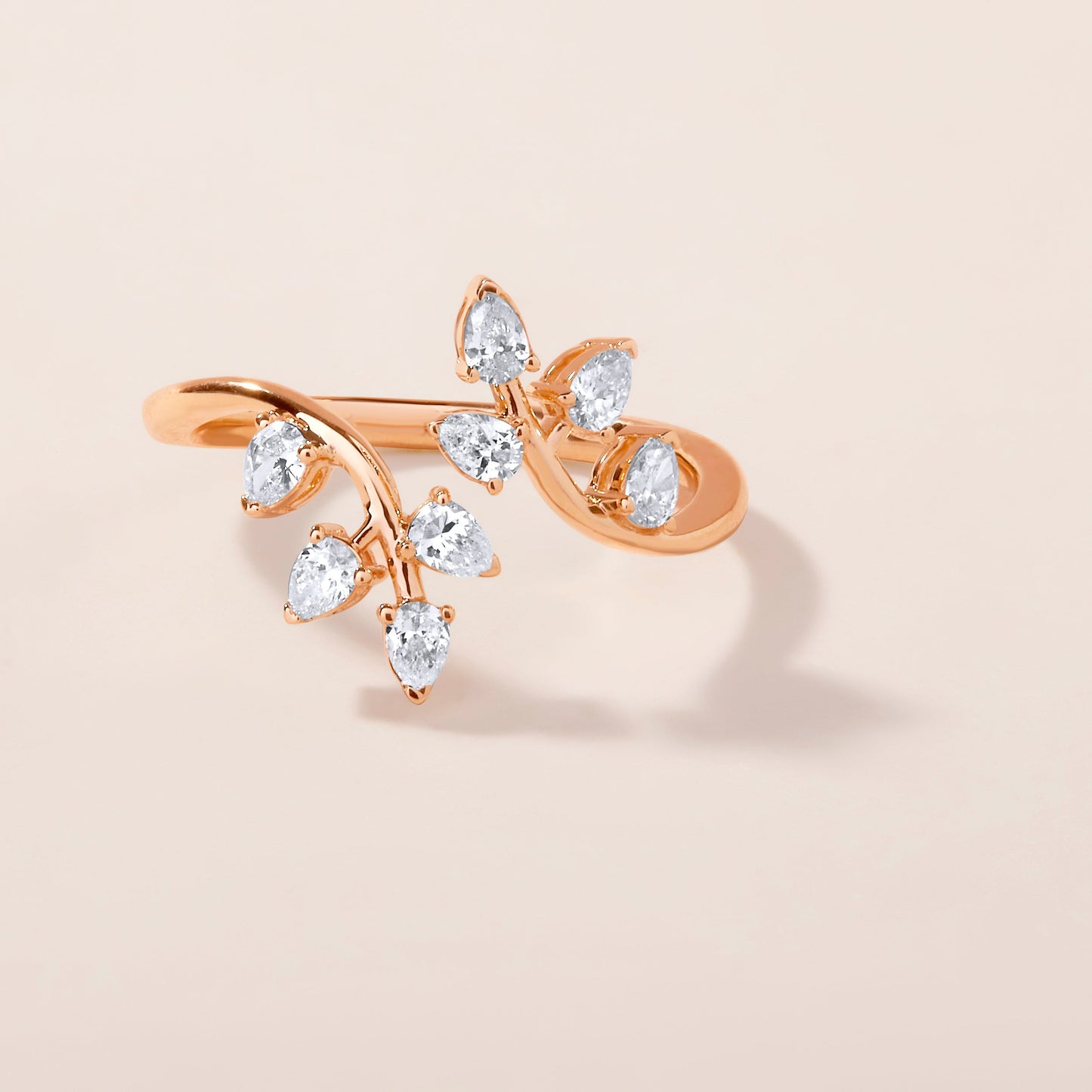 Solid Gold 0.5ct Natural Diamond Leaf Branch Pear Wrap Ring