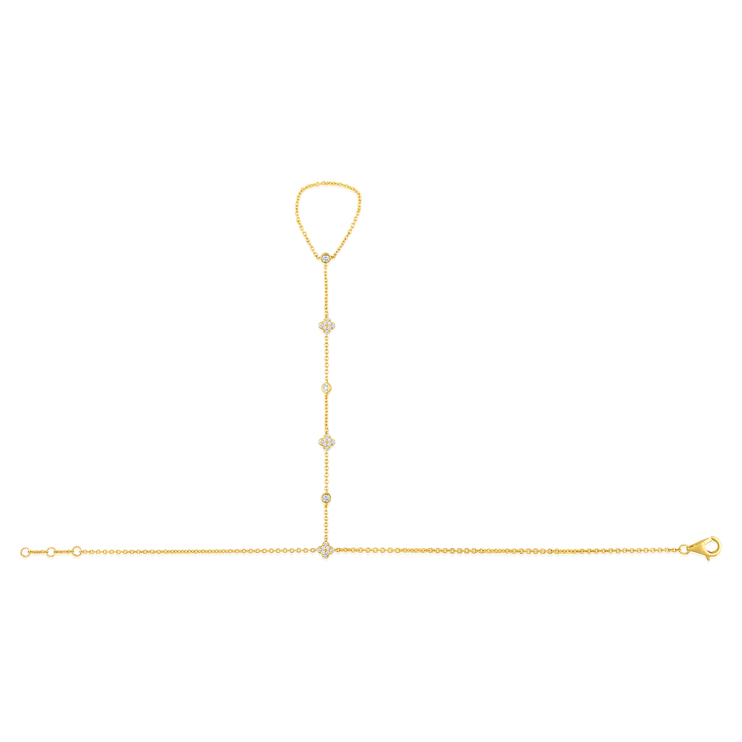 Solid Gold 0.4ct Natural Diamond Clover By-Yard Ring Bracelet Hand Chain