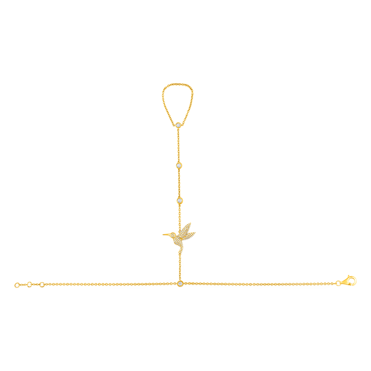 Solid Gold 0.4ct Natural Diamond Hummingbird Ring Bracelet Hand Chain