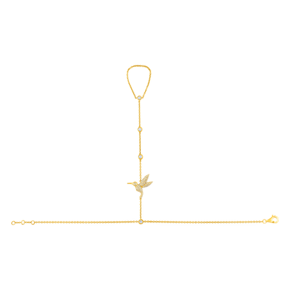 Solid Gold 0.4ct Natural Diamond Hummingbird Ring Bracelet Hand Chain