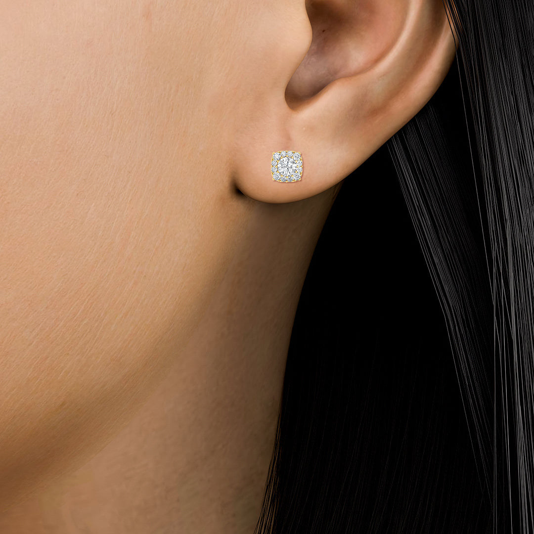 Solid Gold 1.44ct Natural Diamond Halo Square Cushion Stud Earrings