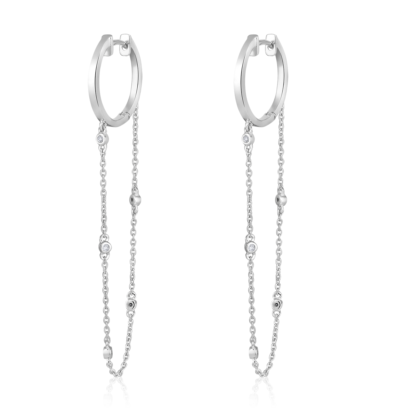 Solid Gold 0.1ct Natural Diamond Huggie Drop Loop By Yard Chain Earrings