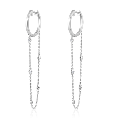 Solid Gold 0.1ct Natural Diamond Huggie Drop Loop By Yard Chain Earrings